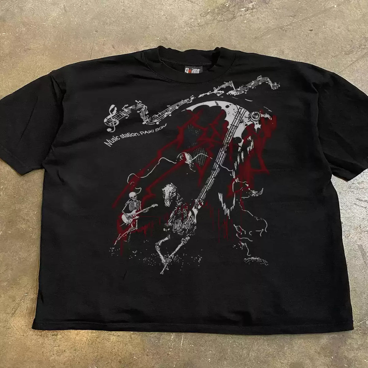 90s Grunge Heavy Metal Streetwear T Shirt for Men, Vintage Line Art Skeleton Band, Scythe & Cascading Musical Notation With Blood Drip Detail, Oversized Crew Neck Soft Washed Cotton Casual Tops.