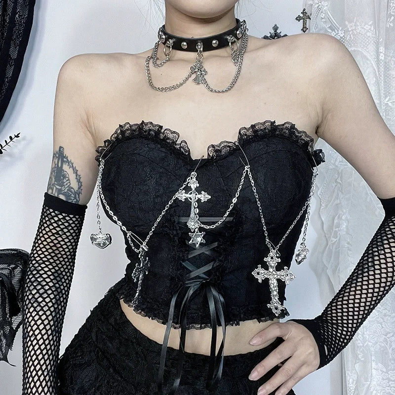 2025 Gothic Women Crop Top Skeleton Printed Black Corset Tops Sexy Aesthetic Grunge Fairy Core 90s Camisole Y2K Clothes