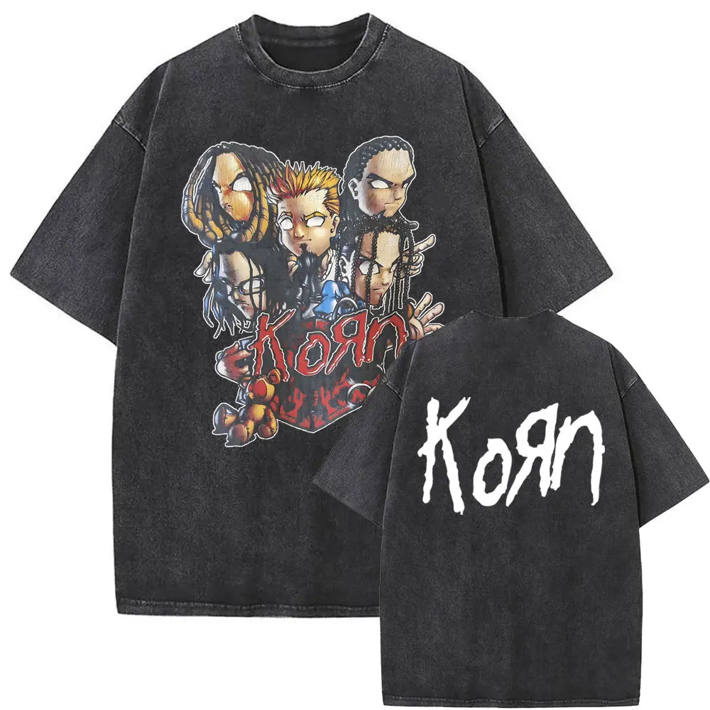 New Washed Vintage Alternative Nu Metal Rock Band Korn Print Tshirt Men Oversized T-shirts Male Fashion T Shirts Y2k Streetwear