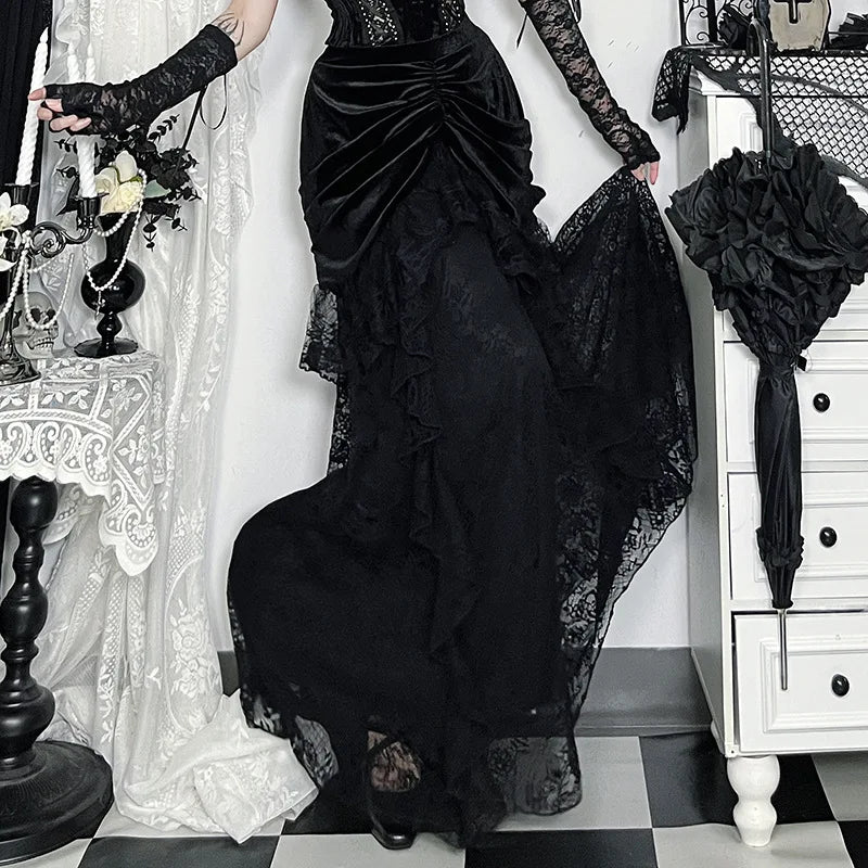 Goth Dark Lace Trim Velvet Maxi Skirts Bottoms Mall Goth Party Halloween Gown Ball Skirts Women Cosplay Lolita Dresses Outfits