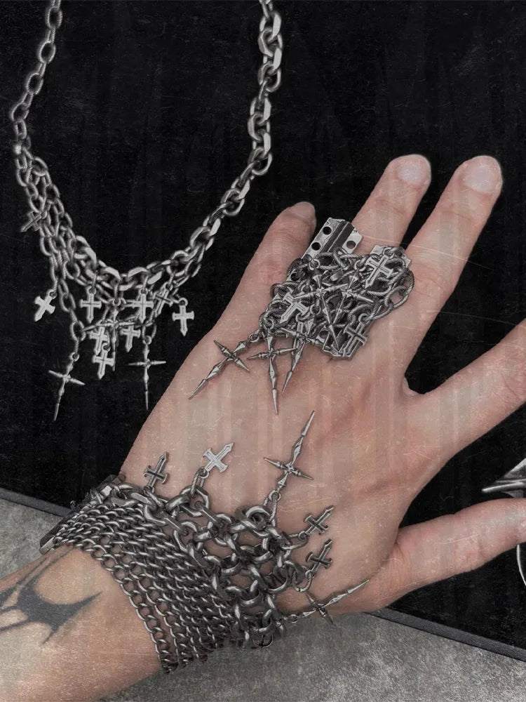 Gothic Cross Chain Jewelry Set for Women Men, Punk Statement Necklaces Rings Accessories, Edgy Party Jewelry Collection