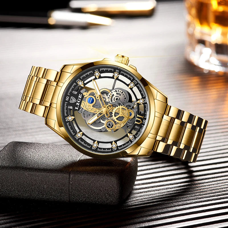 2026 LIGE Men Watch Skeleton Automatic Quartz Watch Gold Skeleton Vintage Man Watch Mens Watches Top Brand Luxury часы мужские