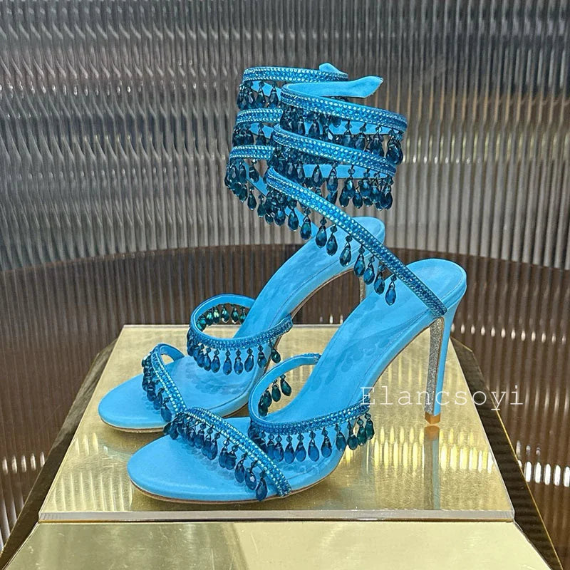 High Heels Sandals Women Shiny Crystal Pendant Ankle Snake Twine Around Prom Shoes Summer Fashion Stiletto Bohemian Sandalias