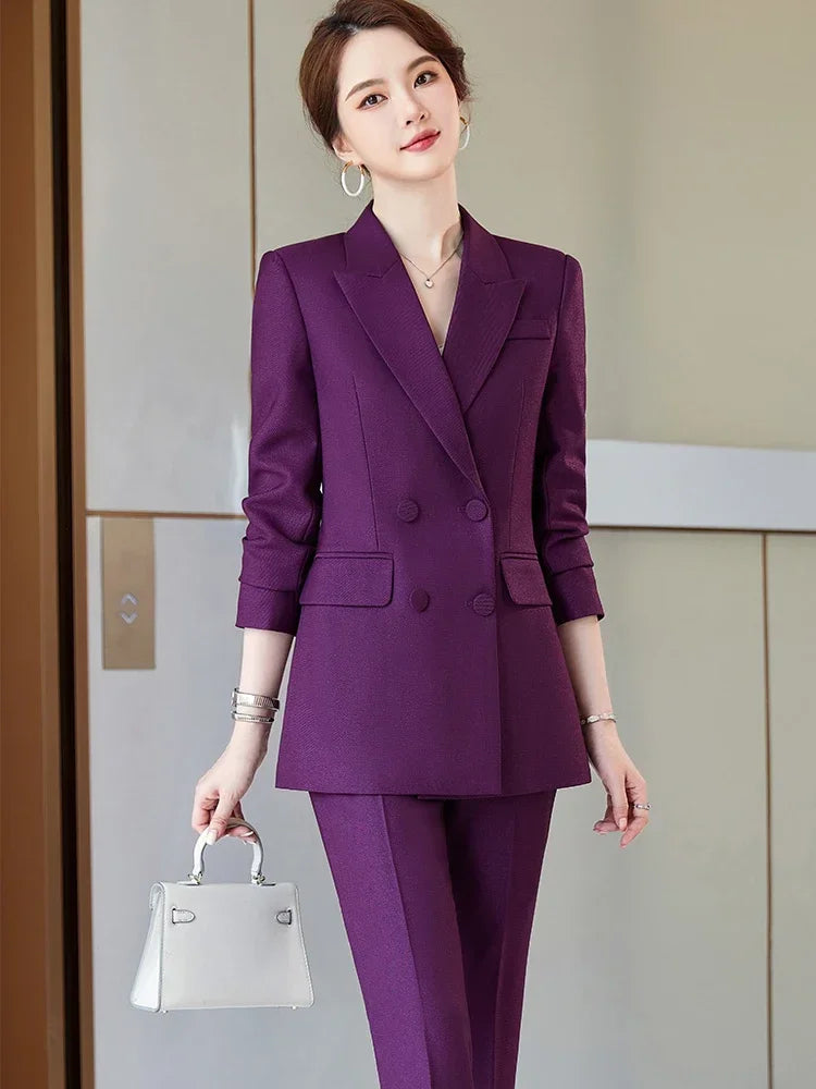 Ladies Business 2 Piece Blazer Set Female Long Sleeve Jacket + Trouser Women Pant Suit Blue Purple Black Office Work Wear 5XL