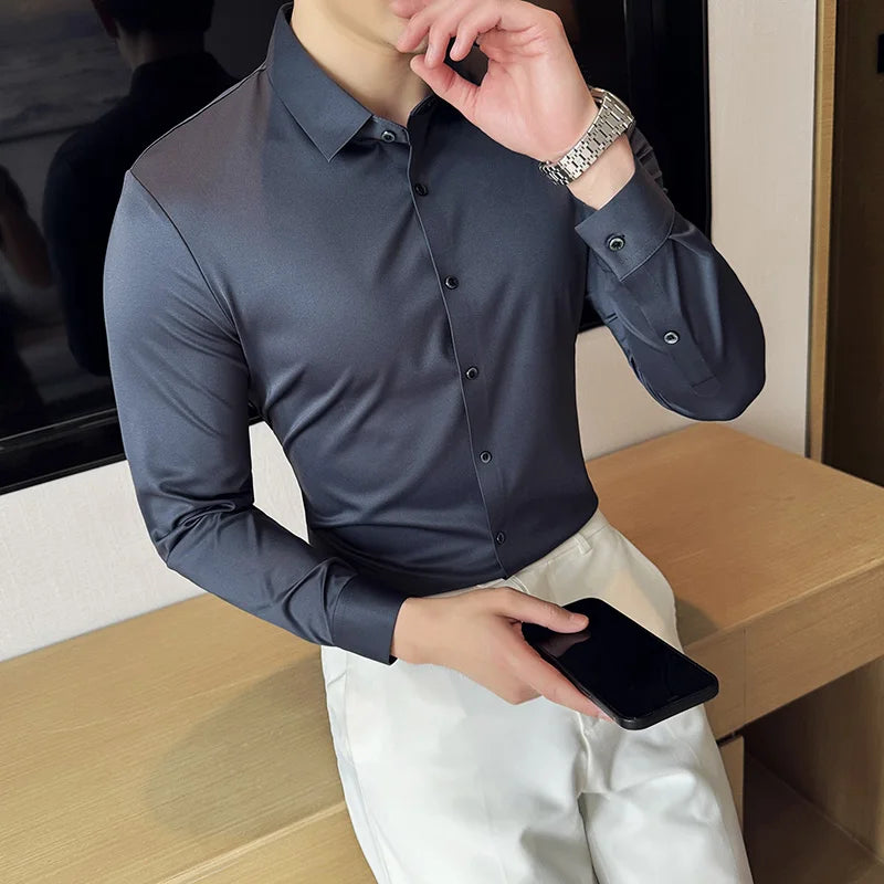 5A Antibacterial Men's Social Shirts High Quality Korean Luxury Clothing Long Sleeve Mens Dress Shirts Slim Fit Tuxedo Big Size