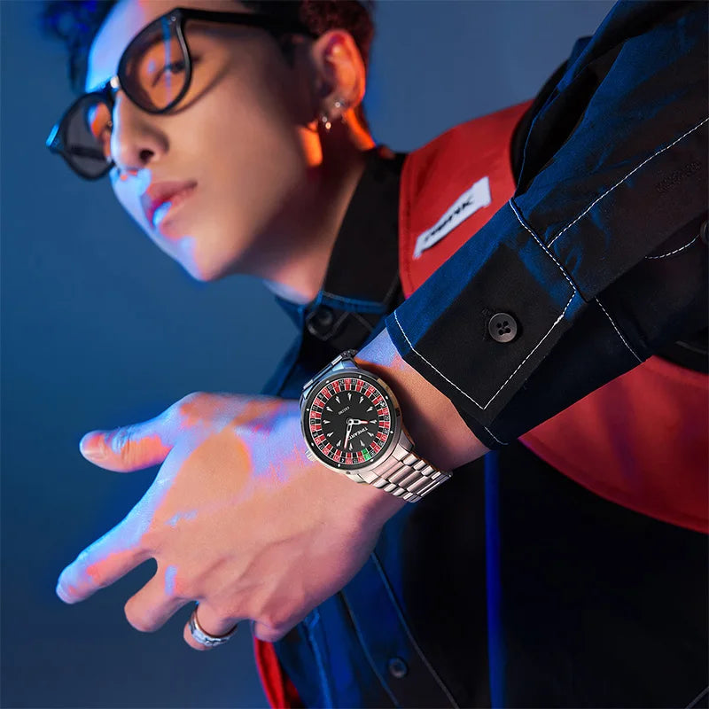 TIMEARTX Men's Watch New European Roulette Design Poker Game Fashion Quartz Movement Stainless Steel Wristwatch Father Day Gifts