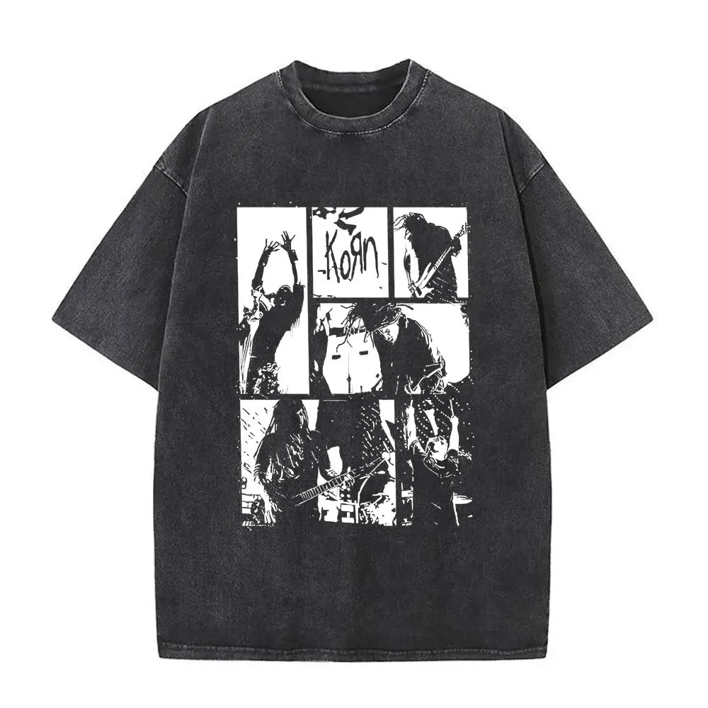 New Washed Vintage Alternative Nu Metal Rock Band Korn Print Tshirt Men Oversized T-shirts Male Fashion T Shirts Y2k Streetwear