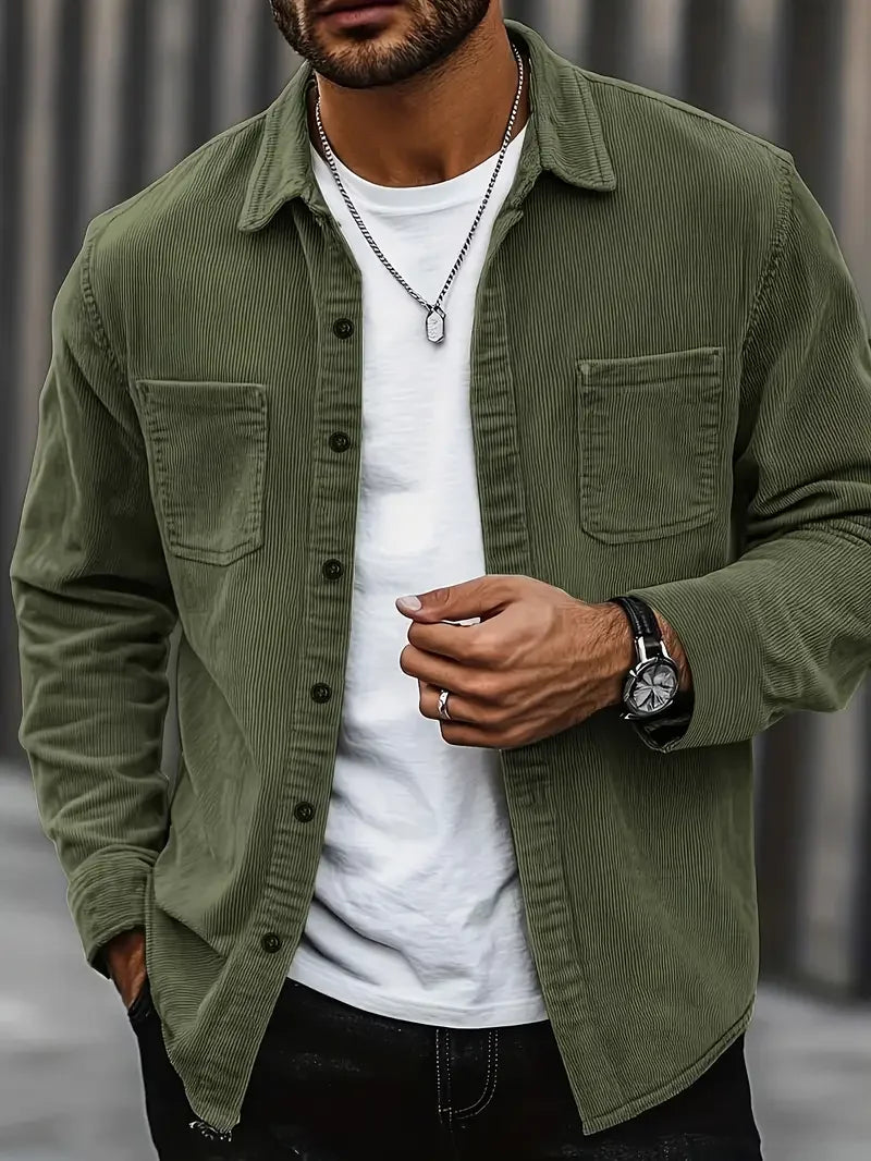 Men's Corduroy Long Sleeve Button Down Shirt, Turn Down Collar Chest Pocket Casual Vintage Streetwear Tops