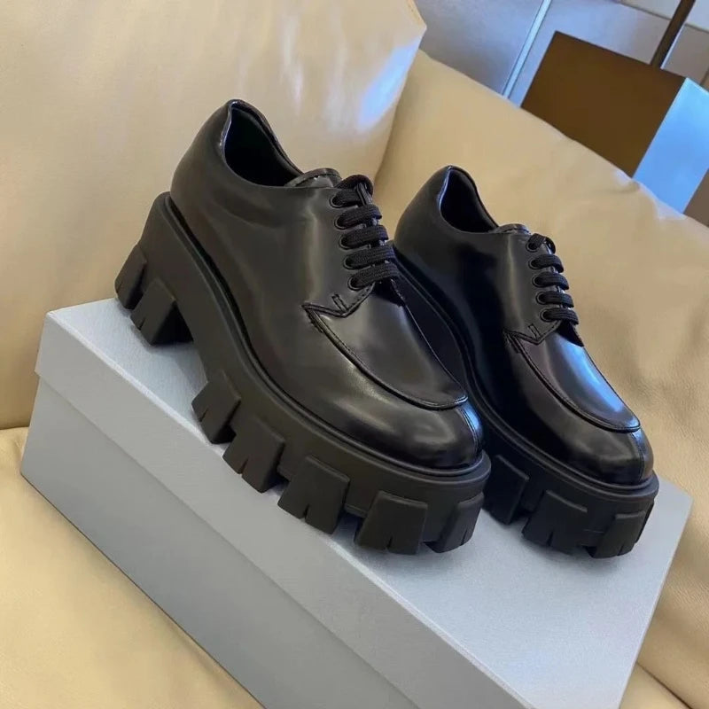 leather Loafers women's shoes spring and  autumn   platform shoes lace-up single shoes Plus size 35-43 size ladies casual flat