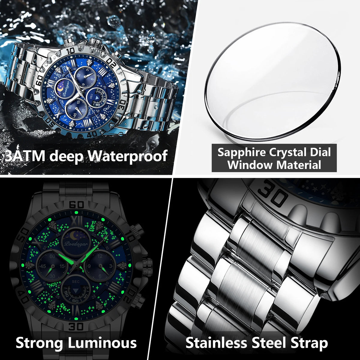 POEDAGAR Luxury Military Watches For Men Stainless Steel Quartz Waterproof Luminous Man Watch Chronograph Sport Men's Wristwatch