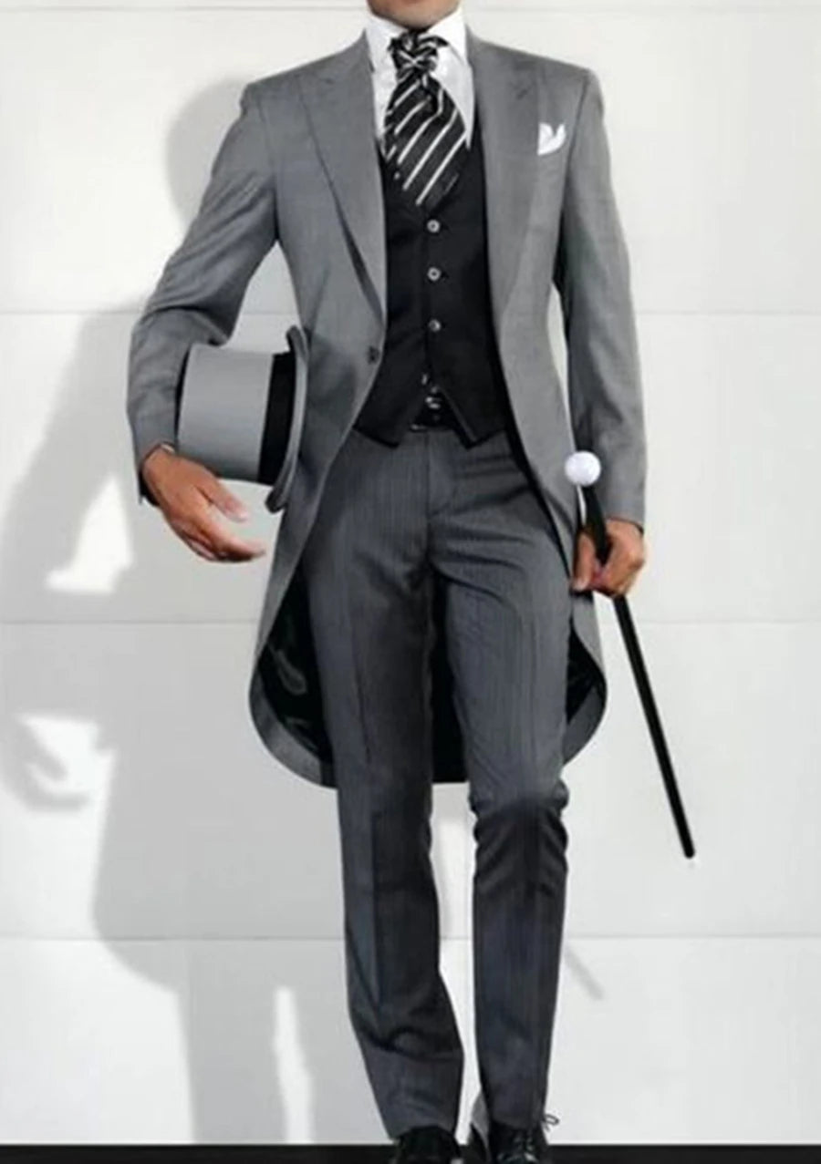 Mens Tuxedo Tailcoat Formal Dress Suits Swallow Tail Coat Black Male Jacket Vest Pants Party Wedding Dance Magic Performance