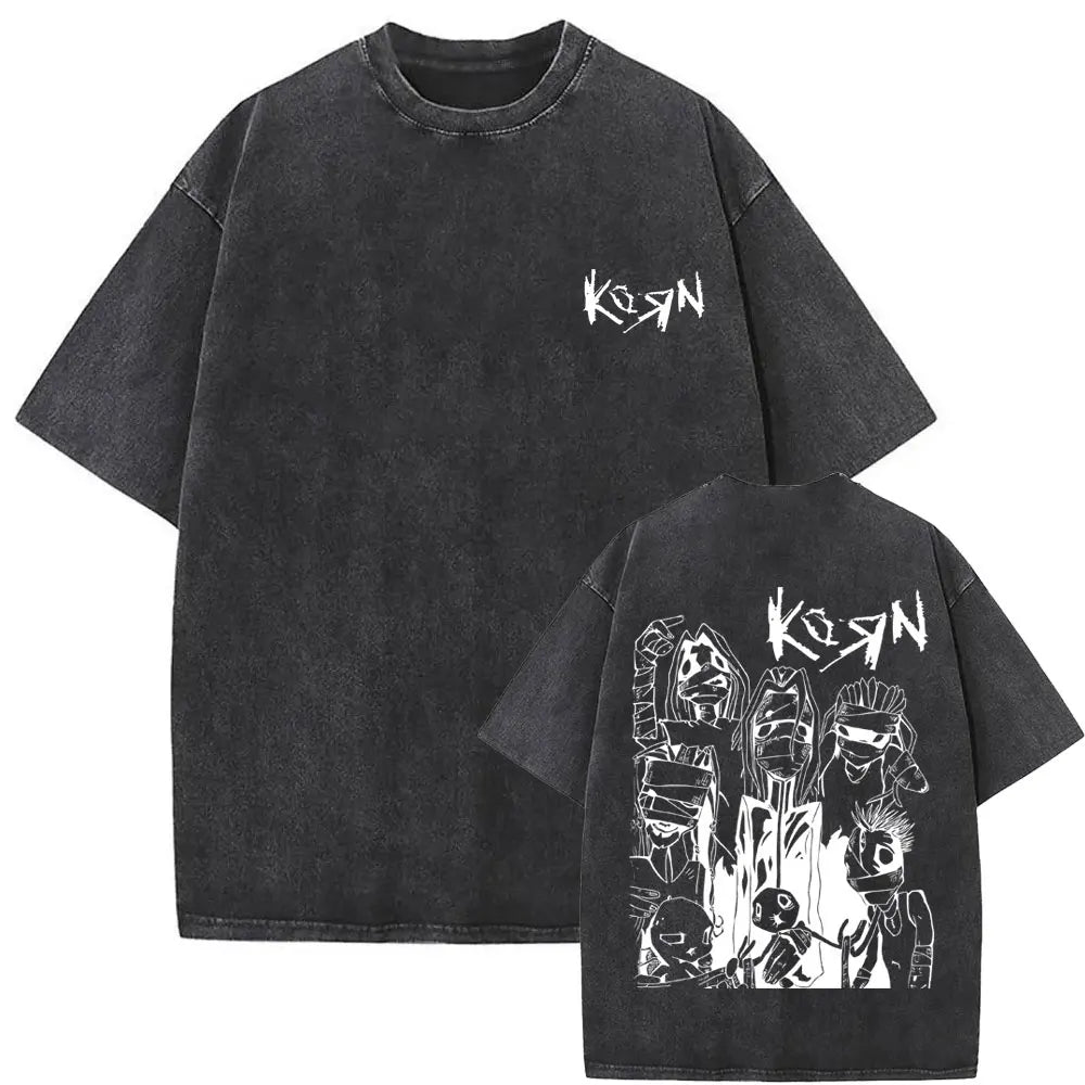 New Washed Vintage Alternative Nu Metal Rock Band Korn Print Tshirt Men Oversized T-shirts Male Fashion T Shirts Y2k Streetwear