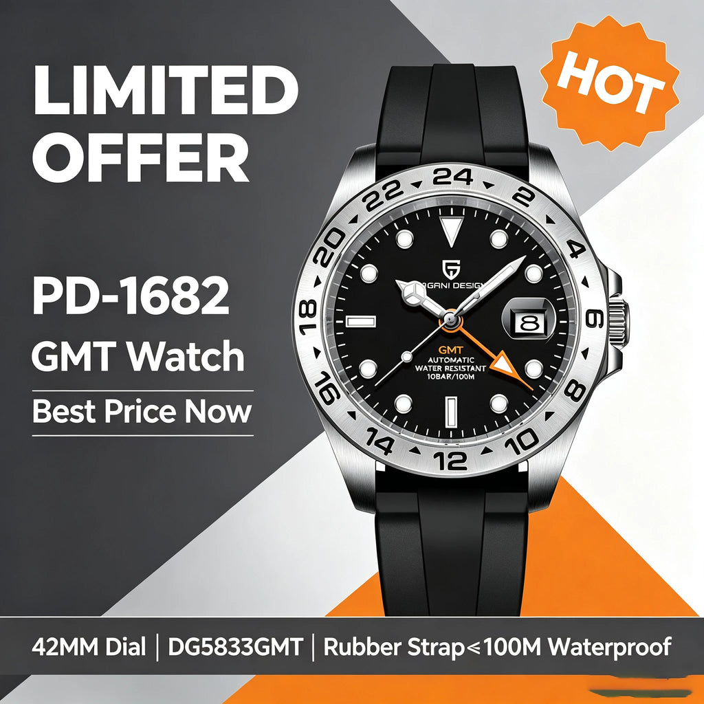 PAGANI DESIGN Automatic GMT Watch DG5833GMT Movement Rubber Strap 100M Waterproof Luminous Men Sports Mechanical Wristwatch