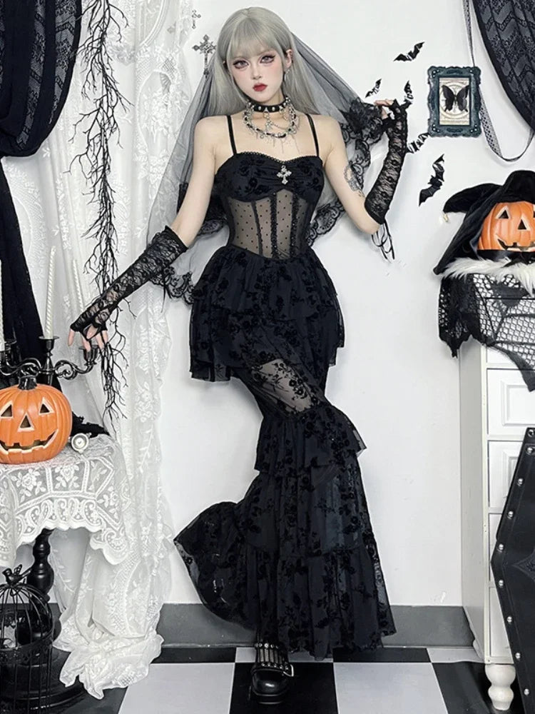 AltGoth Fairycore Grunge Gothic Midi Dress Women Streetwear  Sexy Aesthetic Spaghetti Strap Flocking See Through Corset Dresses