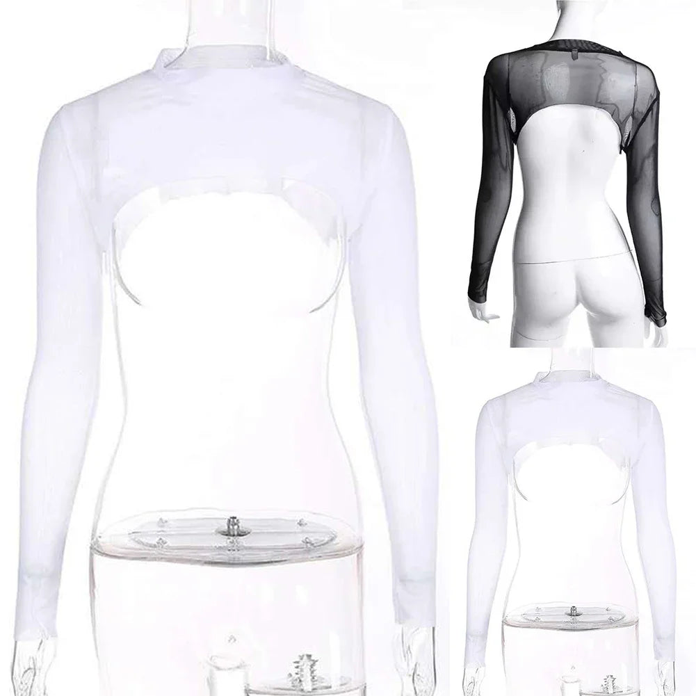 Y2k Sexy See Through Punk T-shirt Super Crop Top Women Turtleneck Long Sleeve Gothic Egirl Cut Out Fashion T Shirts Tees Clothes