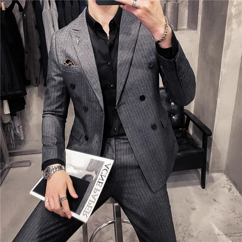 ( Blazer + Pants ) High-end Brand Formal Business Plaid Mens Suit Groom Wedding Dress Solid Color Stage Performance Tuxedo S-7XL
