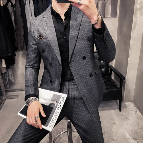 ( Blazer + Pants ) High-end Brand Formal Business Plaid Mens Suit Groom Wedding Dress Solid Color Stage Performance Tuxedo S-7XL