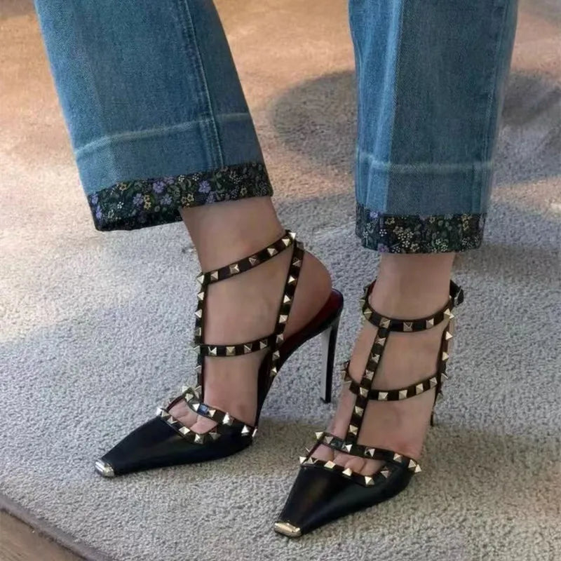Summer Fashion Square toe Rivet Women Pumps Sexy Narrow Band Mary Janes Slingbacks High heels Chic Party Dress Sandals Shoes