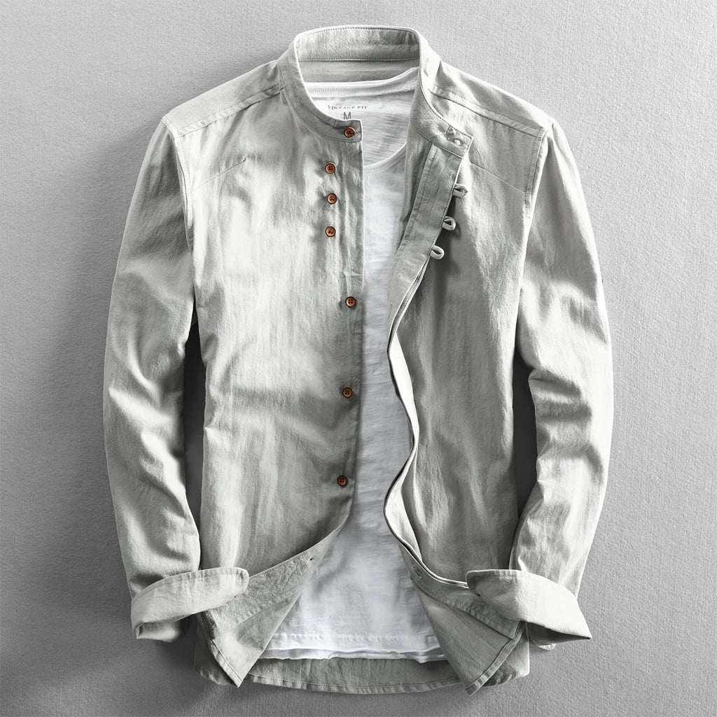 Spring Mens Shirt Japan Vintage Style Premium Linen Stand Collar Slim Fit Single Breasted Simple Design Casual Shirts Fashion