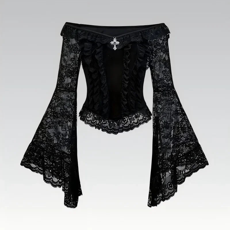 Gothic Vintage Black Lace Off Shoulder Crop Tops Women French Elegant Metal Decor Mesh Slim Blouse Punk Y2K Ruffle Shirt New