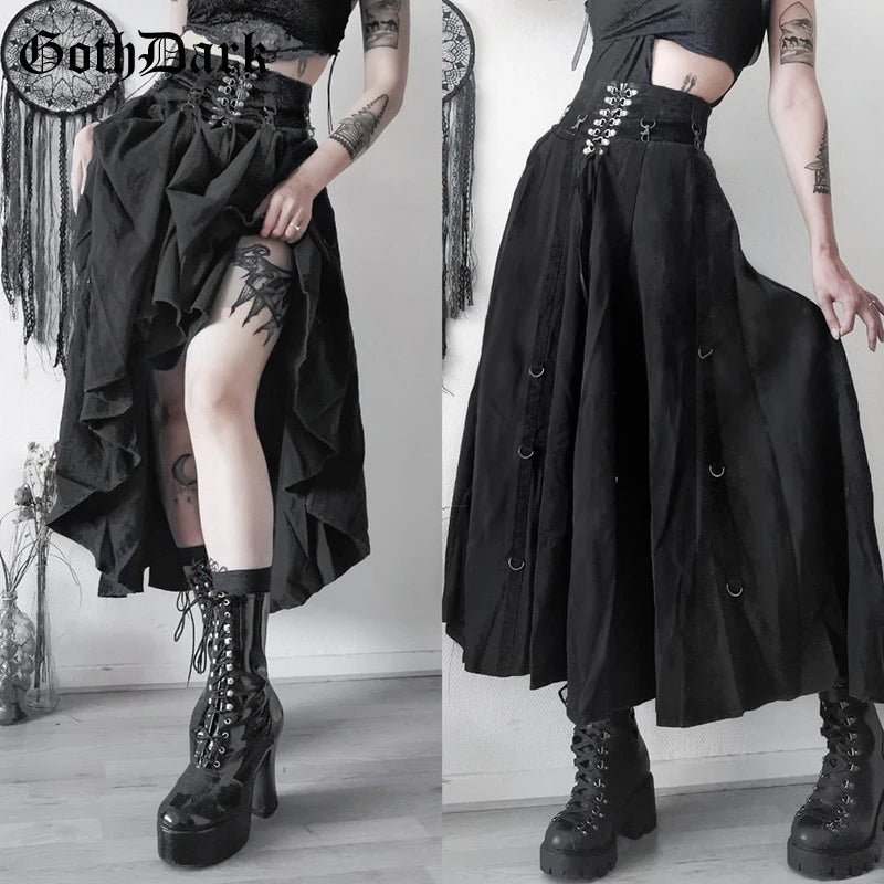 Goth Dark Acubi Fashion Black Swing A-line Skirt Punk Grunge Metal Buckle Streetwear Women Bandage Skirts Mall Gothic Alt Cloth