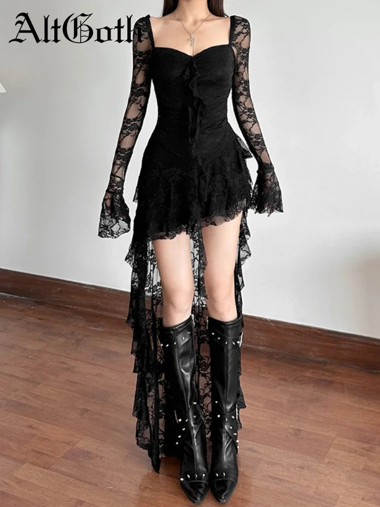 AltGoth Mall Goth Fairycore Dress Women Vintage Aesthetic Elegant Sweet Sexy See Through Irregular Hem High Waist Corset Dress