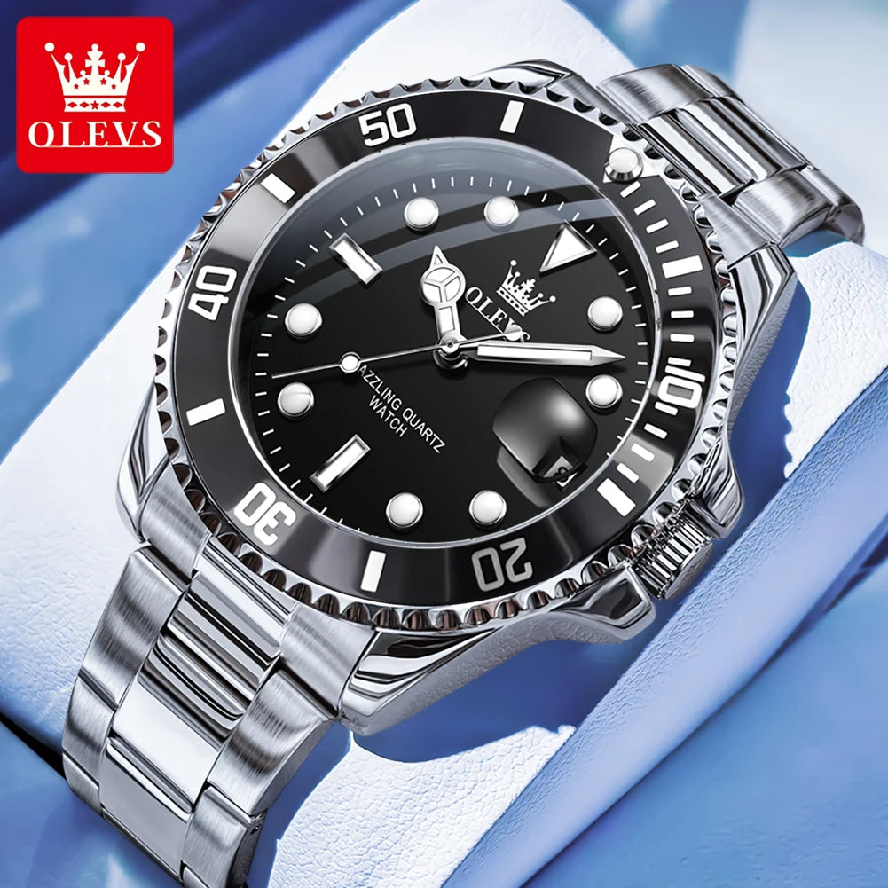 OLEVS Men's Watches Classic Luxury Fine Steel Strap Big Date Original Quartz Wristwatch for Man Waterproof Luminous Trend Dress