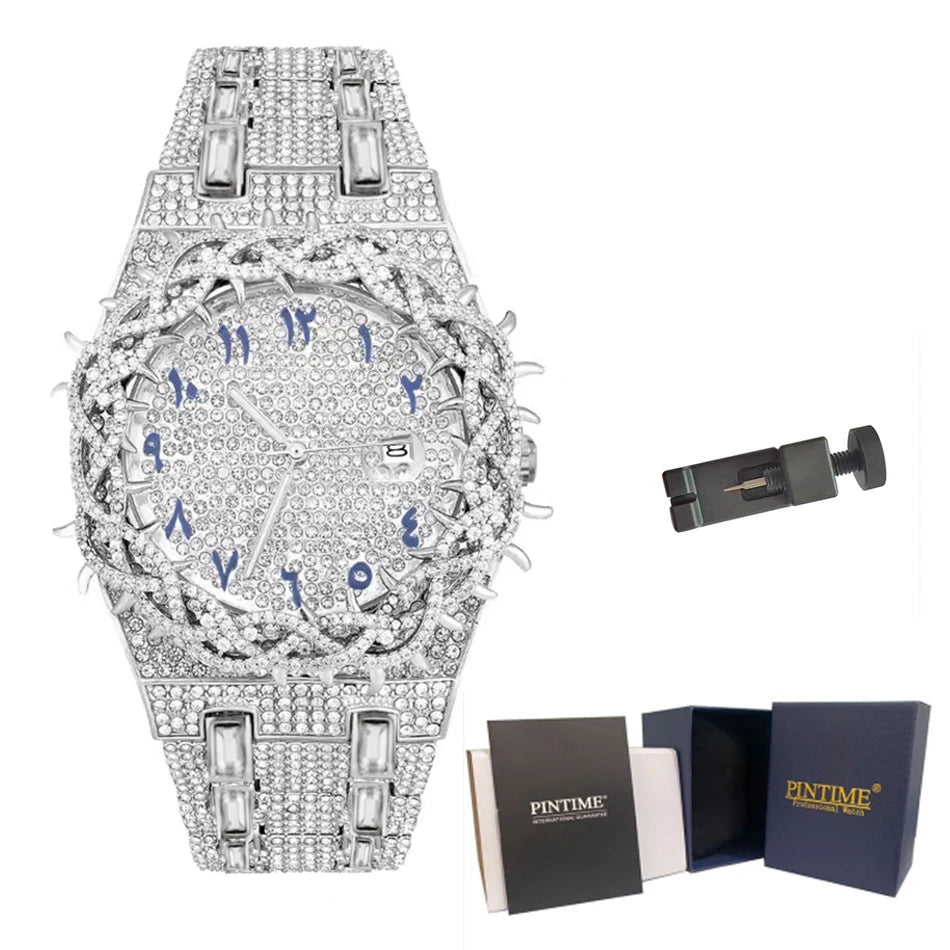 Luxury Full Diamond Men's Quartz Watch Thorn Bracelet Hip Hop Style Date Display with Luminous Function Men Business Wristwatch