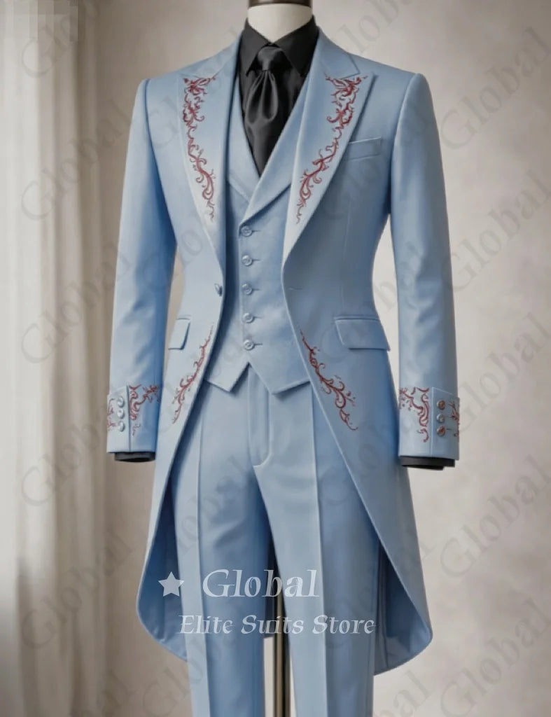 Black Tailcoat Tuxedo 3-Piece Suit with Red Embroidery Gothic Victorian Style Formal Wedding Prom Party Groom Outfit Customized
