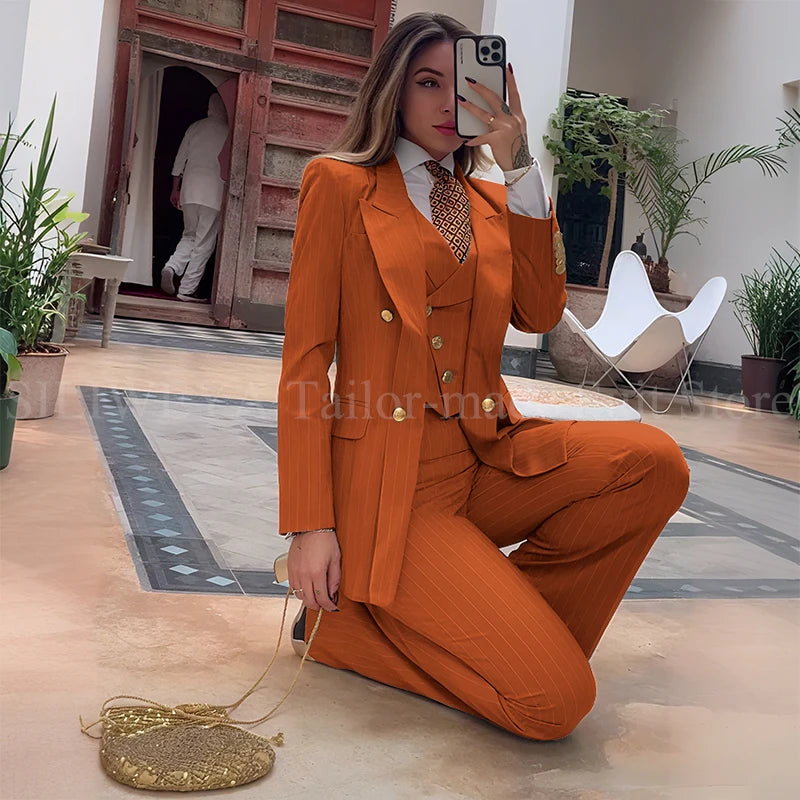 Luxury Green Striped Women Suit Double Breasted 3 Piece Jacket Vest Pants Female Clothing Slim Fit Formal Office Lady Blazer Set