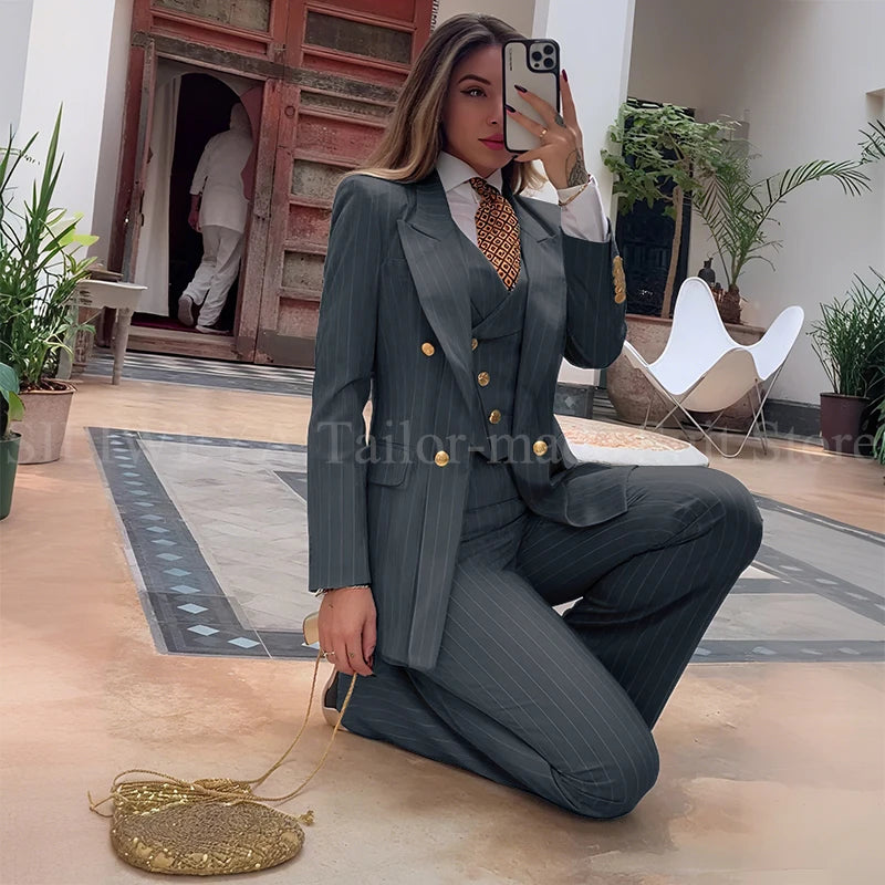 Luxury Green Striped Women Suit Double Breasted 3 Piece Jacket Vest Pants Female Clothing Slim Fit Formal Office Lady Blazer Set