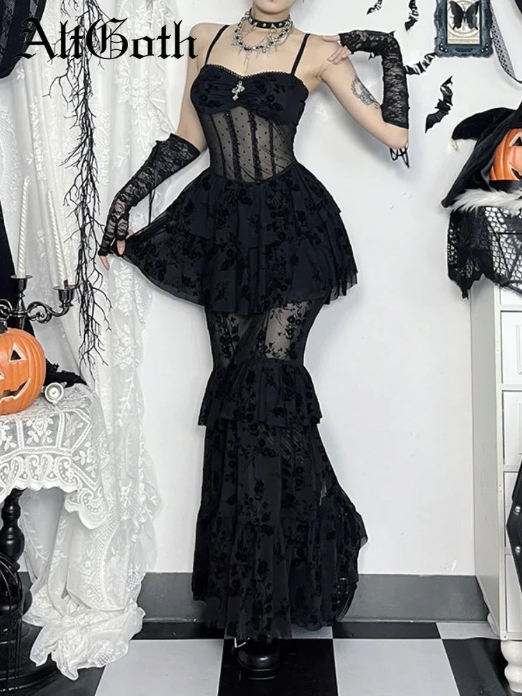 AltGoth Fairycore Grunge Gothic Midi Dress Women Streetwear  Sexy Aesthetic Spaghetti Strap Flocking See Through Corset Dresses
