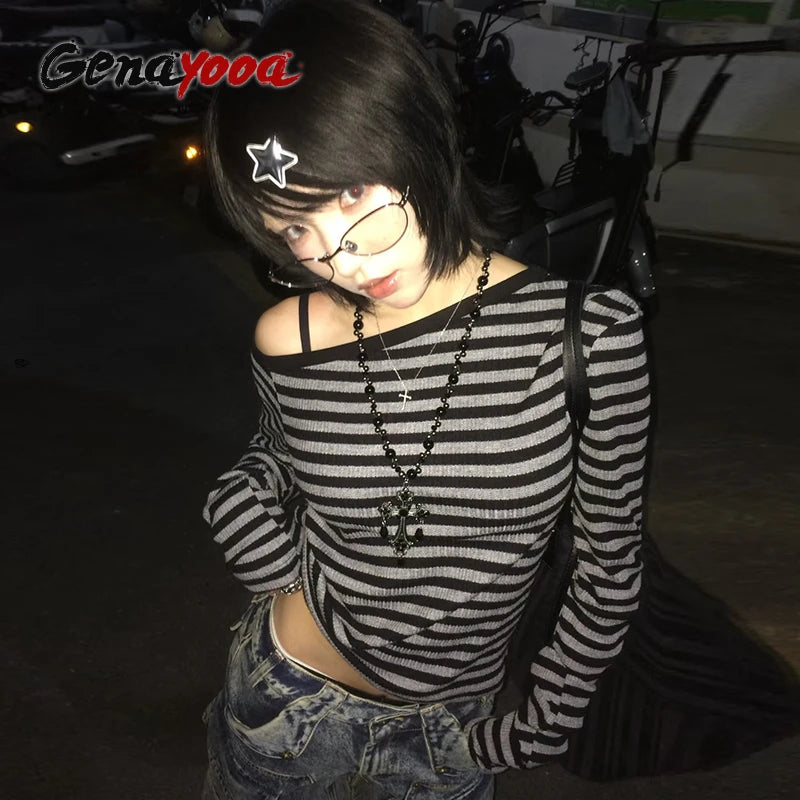 Genayooa Japanese Y2k T-shirt Women Long Sleeve Off Shoulder Striped Crop Tops Y2k Grunge 2000s Aesthetic Streetwear T Shirts