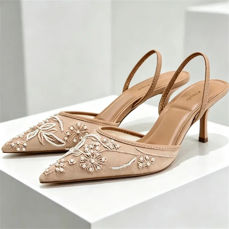 Brown String Bead Mesh Embroider Slingback High Heels Women Sexy Pointed Toe Heeled Sandals Summer Elegant Luxury Designer Shoes