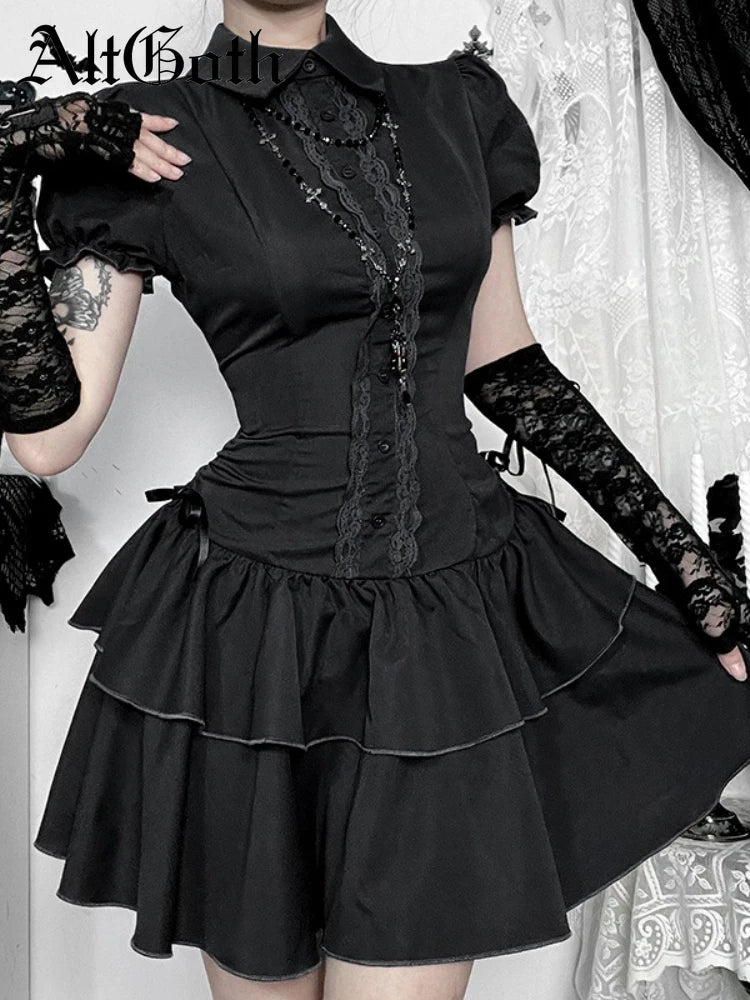 AltGoth Gothic Dark Vintage Dress Women Aesthetic Streetwear Harajuku Grunge Lace Patchwork High Waist Bow Party Dress Female