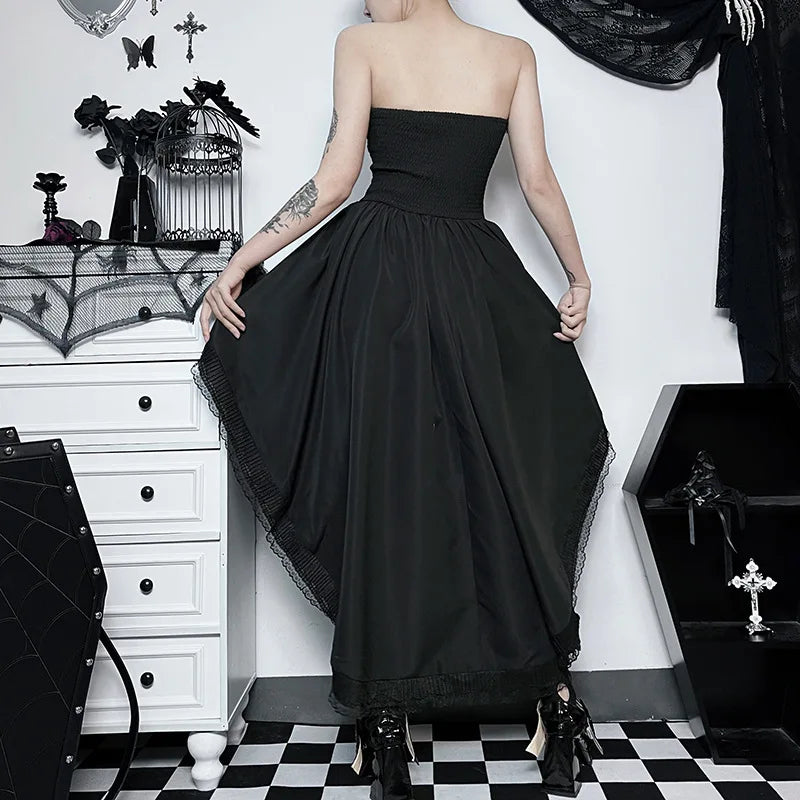 Women's Dress Gothic High Low Swing Asymmetric Vintage Goth Black Lace Elastic Waist Pleated Bodycon Dresses