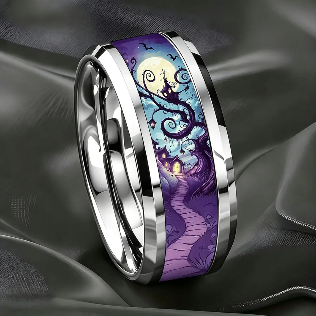 Vintage Gothic Halloween Castle Moon Bat Ring Hiphop Stainless Steel Rings For Men Wedding Party Jewelry Valentine's Day Gift