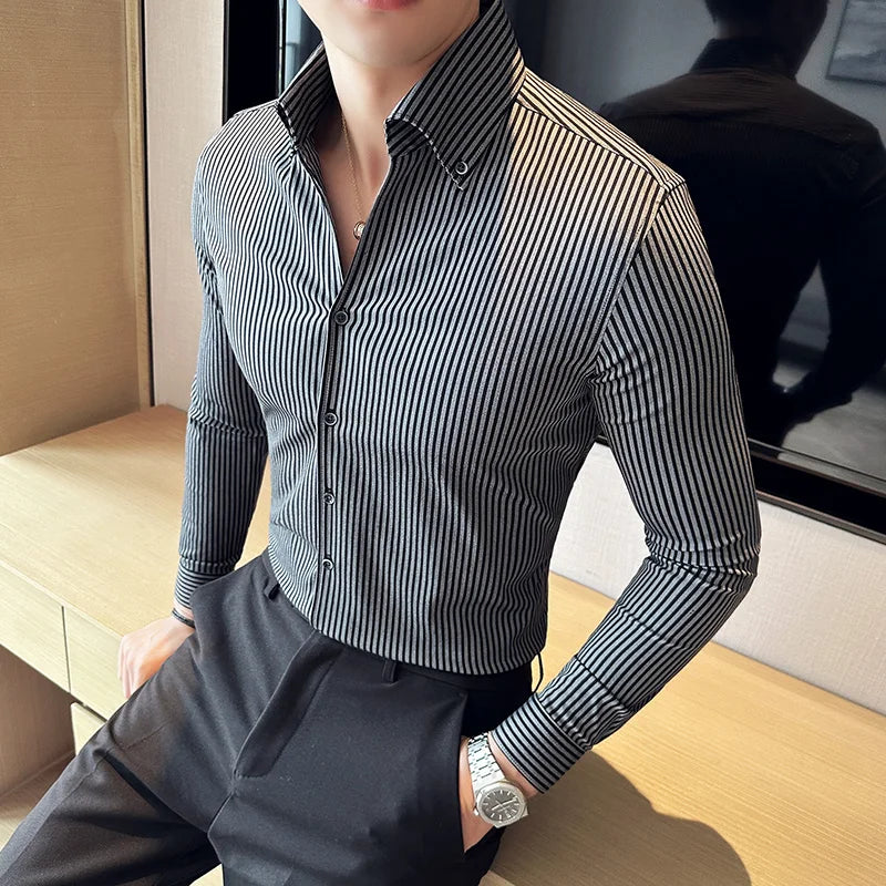 Camisas De Hombre High Quality Men's Social Shirts Slim Fit Korean Luxury Clothing Simple Long Sleeve Striped Shirts For Men