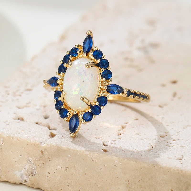 Luxury Oval Fire Opal Ring with Blue Zircon Silver Color Vintage Engagement Wedding Promise Ring for Women Fine Jewelry Gift