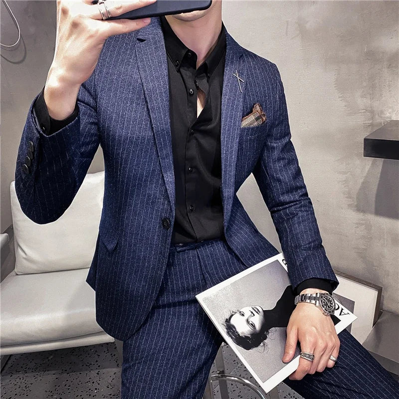 ( Blazer + Pants ) High-end Brand Formal Business Plaid Mens Suit Groom Wedding Dress Solid Color Stage Performance Tuxedo S-7XL