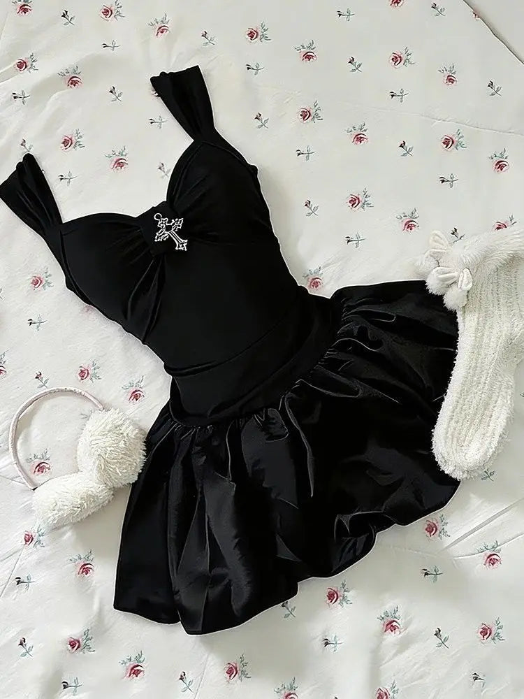 Gothic Hot Girl Cross Black Skinny Short Dress Women Summer New Sexy Slip Vintage Dark Academia Slim Flower Bud Dresses New