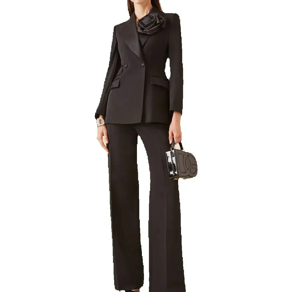 Luxury Classic Black Women's Suits Double Breasted 2 Pieces Jacket Pants Female Clothing Office Banquet Lady's Blazers Sets