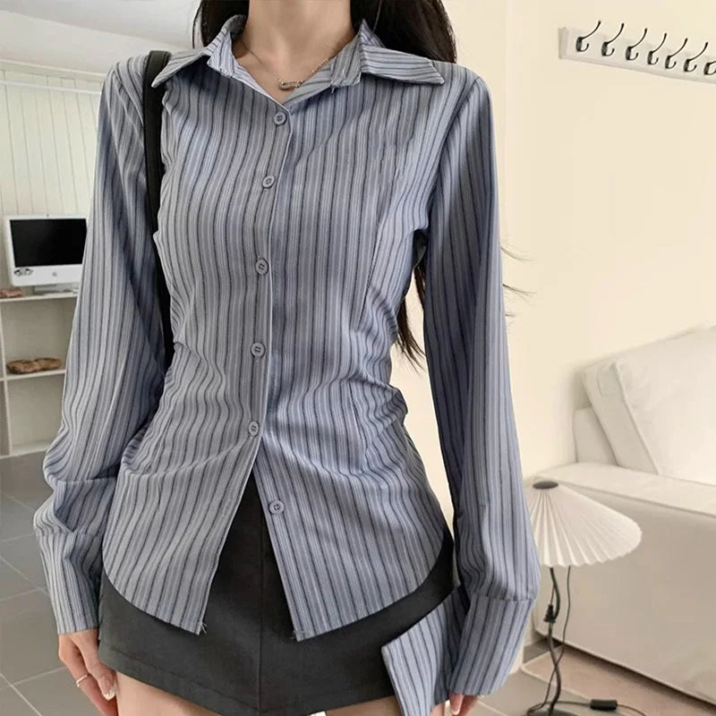 Y2k Striped Shirt Women Long Sleeve Designed Button Up Tops Blue Korean Vintage Ladies Streetwear Slim Elegant Chic Blouses