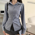 Y2k Striped Shirt Women Long Sleeve Designed Button Up Tops Blue Korean Vintage Ladies Streetwear Slim Elegant Chic Blouses