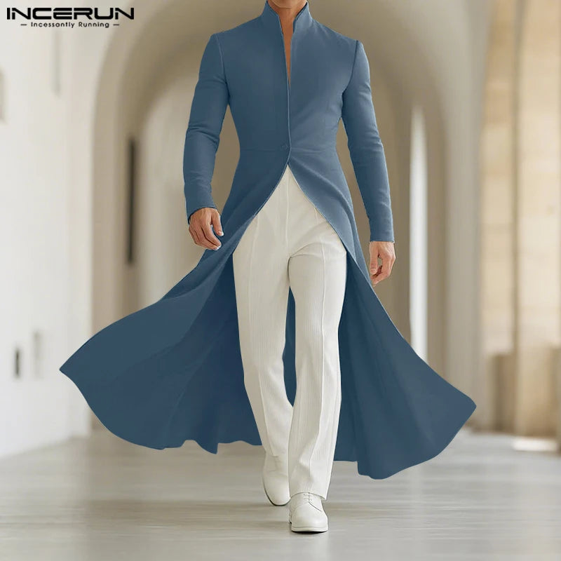 INCERUN Men Blazer Solid Color Stand Collar Long Sleeve Ruffle Long Style Blazer Men Streetwear Autumn 2025 Fashion Male Suits