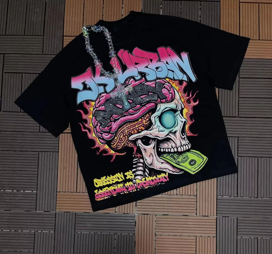 Y2K Skeleton US Dollar Street Trendy Brand T-Shirt Cotton Graphic Tee Men Women Summer Streetwear