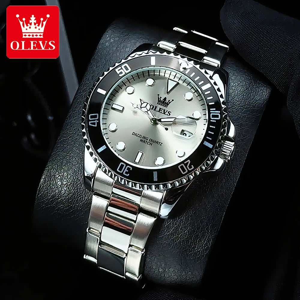 OLEVS Men's Watches Classic Luxury Fine Steel Strap Big Date Original Quartz Wristwatch for Man Waterproof Luminous Trend Dress