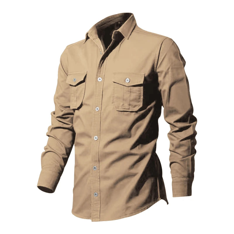 Spring And Autumn New Men's Shirt Loose Large Size Multi-pocket Vintage Cargo Shirt Solid Color Lapel Long-sleeved Shirt