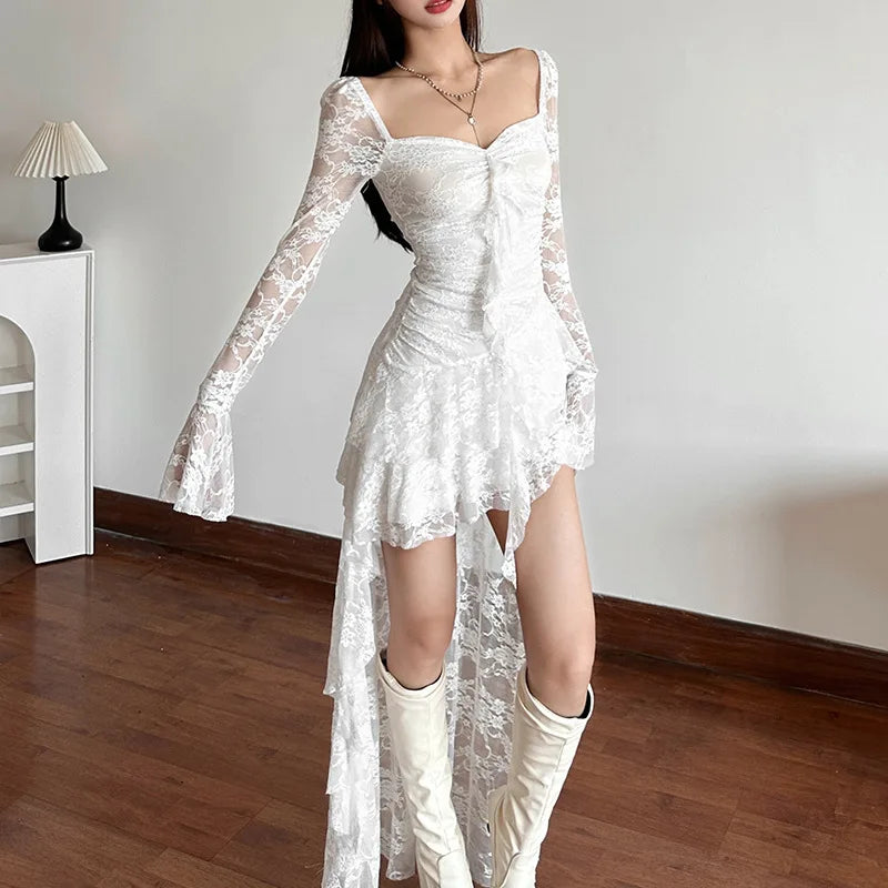 halloween gothic Fairycore Dress Women Vintage Aesthetic Elegant Sweet Sexy See Through Irregular Hem High Waist Corset Dress