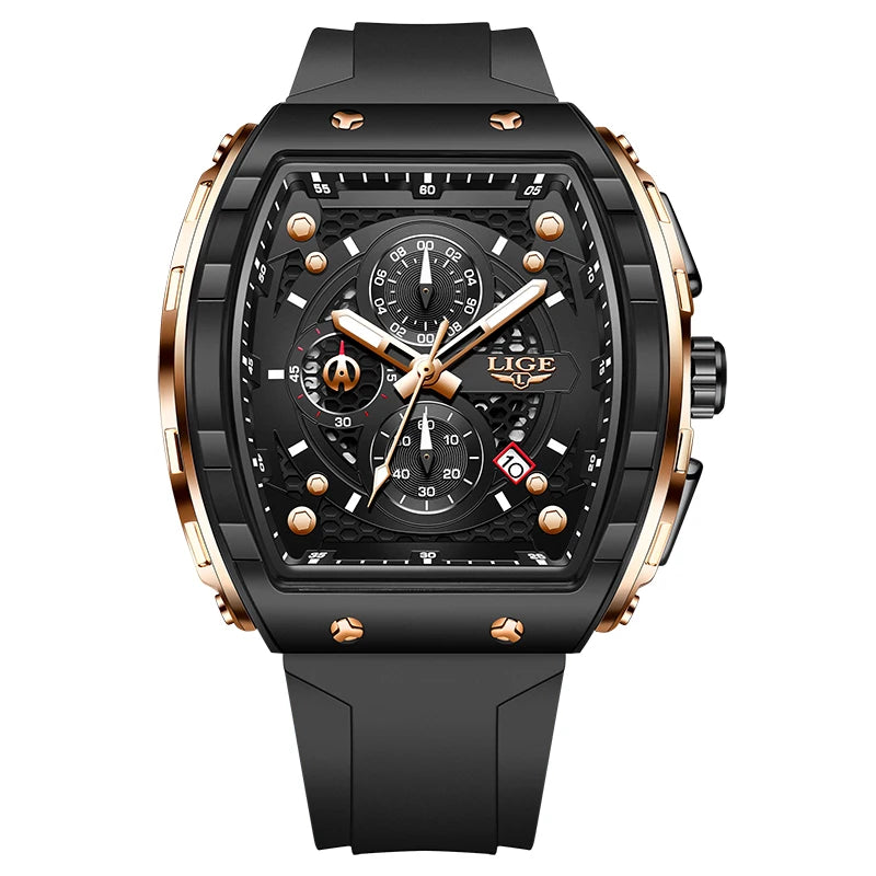 LIGE Man Watch Fashion Luxury Waterproof Silicone Strap Quartz Men's Watches Luminous Sports Auto Date Chronograph Simple Clocks